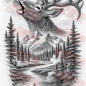 May include: Black and white illustration of a majestic elk with large antlers, howling at a full moon. The artwork depicts a mountain landscape with a river and evergreen trees, creating a wilderness scene.
