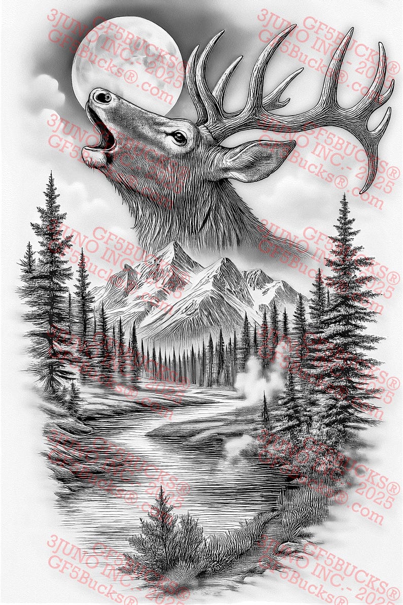 May include: Black and white illustration of a majestic elk with large antlers, howling at a full moon. The artwork depicts a mountain landscape with a river and evergreen trees, creating a wilderness scene.