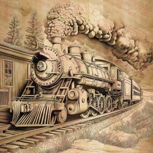 Ilustración de tren de vapor / Arte detallado de trenes en 3D / Diseño de locomotoras antiguas / Decoración ferroviaria / Listo para láser / Descarga instantánea / 14x14
