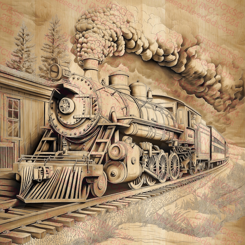 May include: A sepia-toned illustration of a vintage steam train on a track. The train has a large front wheel, a smokestack billowing smoke, and several passenger cars. The train is next to a wooden building and some trees.