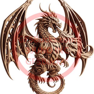 Peut inclure: Sculpture en bois détaillée d'un dragon avec un design en couches complexe. Le dragon présente de grandes ailes, des griffes acérées et un corps détaillé. La palette de couleurs comprend des nuances de marron et de rouge, créant un effet visuel saisissant. Objet décoratif sur le thème de la fantaisie.