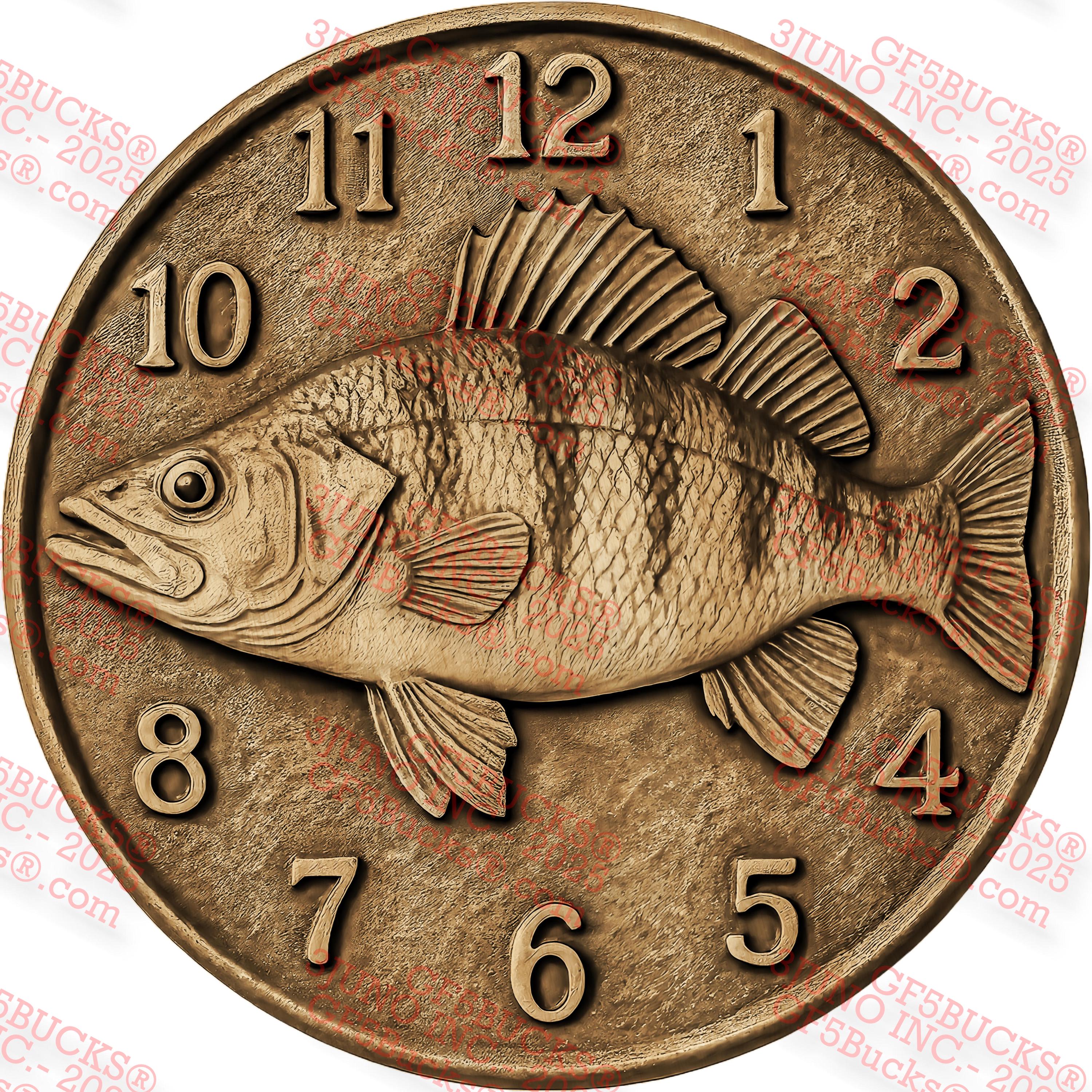 3D Illusion Perch Clock PNG – Realistic Fish Engraving – Wall Art