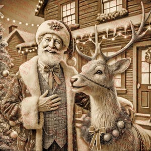 3D Illusion Retro Papai Noel e Rena Arte de Natal, Decoração de Casa de Férias, Estilo Vintage Natal | Laser Ready | 14x14