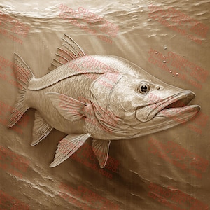 May include: A detailed, three-dimensional carving of a snook fish, a popular game fish in Florida, with a realistic, textured surface. The carving is made of wood and painted in a gold color.
