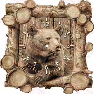 Relógio de Urso Selvagem 3D Illusion Engraving Digital File Download Instantâneo Laser Ready PNG | 14x14
