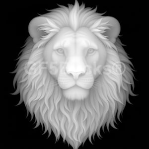 Peut inclure: Illustration en niveaux de gris d'une tête de lion. La crinière du lion est pleine et fluide, avec des détails complexes dans la fourrure. L'image est placée sur un fond noir, soulignant les traits du lion.