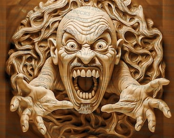 May include: A detailed wooden carving of a screaming face with long hair emerging from a wooden frame. The face has a wide open mouth with sharp teeth and a long beard. The carving is a dark brown color and has a realistic texture.