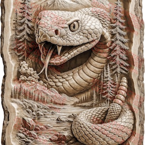 May include: A detailed relief carving of a snake in a naturalistic setting. The snake, with its tongue extended, is the focal point, surrounded by a landscape of mountains, trees, and a river. The artwork is framed by a textured wooden border.