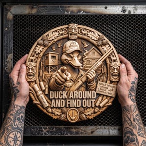 May include: A circular wooden wall plaque featuring a carved duck wearing a 'DUCK HUNTER' cap, holding a shotgun, and pointing forward. The text reads 'DUCK AROUND AND FIND OUT' and 'RULES OF THE BLIND: 1. SIT DOWN 2. SHUT UP 3. DON'T GET SHOT'.