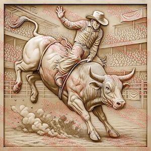 Jinete de toro con ilusión 3D PNG, archivo de grabado láser de 35,5 x 35,5 cm, escena de rodeo vaquero para proyectos de grabado láser / GF5Bucks®