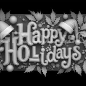 Peut inclure: Image en niveaux de gris avec l'inscription "Happy Holidays" en police 3D. Le texte est entouré de feuilles de houx, de baies et de deux bonnets de Père Noël. Le fond est noir.