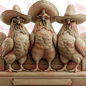 3D Illusion Hühnertrio PNG - Lustige Sombrero Plakette - Lasergravur Design - 14x11.6 - GF5Bucks®