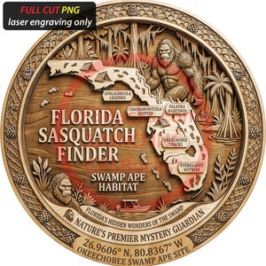 Op de afbeelding: Een houten, met laser gegraveerd rond bord met een kaart van Florida, met een Bigfoot-illustratie en de tekst "Florida Sasquatch Finder". Het bord bevat tekst over de moerasapenhabitat en coördinaten.