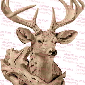 May include: A beige ceramic deer head sculpture with antlers, mounted on a wooden base. The sculpture is a realistic depiction of a deer's head and antlers.