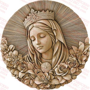 3D Illusion Vergine Maria Floreale Laser Ready Art, Decorazione Religiosa da Parete, Disegno Floreale Dettagliato / 14x14