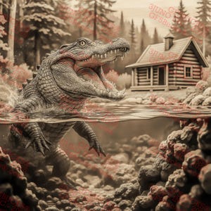 May include: Sepia-toned illustration of an alligator emerging from water, mouth open, teeth visible. A small cabin is in the background, with trees and rocks surrounding the water. The alligator's scales and the water's surface are detailed.