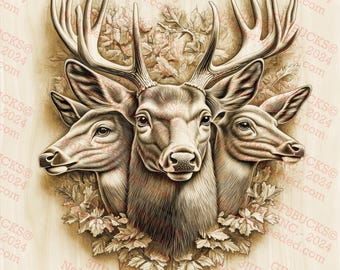 3D Illusion Deer Family Art, Rustic Wildlife Wall Decor, Deer with Antlers Design | Laser Ready | Instant Download | 14x14