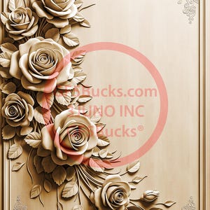 May include: Wooden panel with a carved floral design featuring roses and leaves. The roses have pink accents, and the panel is framed with decorative moulding. Text at the top reads "FULL CUT PNG laser engraving only."