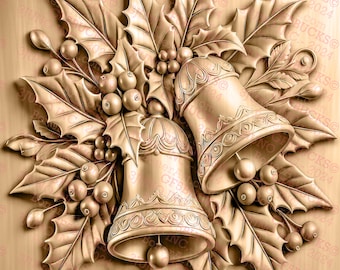 May include: Two gold-colored bells with intricate designs are surrounded by holly leaves and red berries. The bells are hanging from a branch of holly.