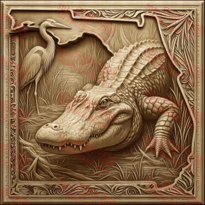 3D Illusion Florida Gator PNG - Alligator und Reiher Wildtierszene im Bundesstaat Umriss - Lasergravur Design - 14 x 14 Zoll - GF5Bucks®