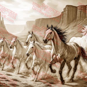 Cavalos selvagens de ilusão 3D PNG para gravação a laser – Garanhões correndo em cena de cânion no deserto – 14 x 9 polegadas – GF5Bucks®