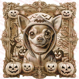 Chihuahua Halloween 3D Illusion Art, Cachorro fofo em fantasia de Halloween, Decoração de moldura de abóbora | 14x14