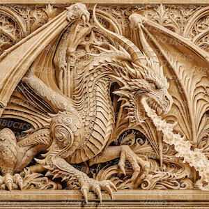 May include: A detailed wood carving of a dragon with wings spread wide, breathing fire, set against a background of ornate, gothic-style architecture.