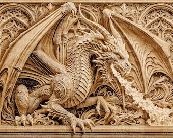 May include: A detailed wood carving of a dragon with wings spread wide, breathing fire, set against a background of ornate, gothic-style architecture.