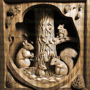Gravure laser PNG | illusion 3D | Graver | Prêt pour le laser | Fichier de conception numérique | Écureuil | sculpté | Bois