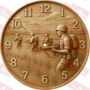Reloj PNG de soldado de Vietnam con ilusión 3D – Diseño de homenaje militar – Proyecto de grabado láser – 35,5 x 35,5 cm – GF5Bucks®