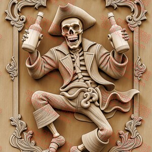 Pode incluir: Escultura em madeira de um esqueleto pirata segurando duas garrafas. O esqueleto usa um chapéu de três pontas e um casaco, com detalhes intrincados. A escultura está emoldurada em uma moldura ornamental e decorativa.