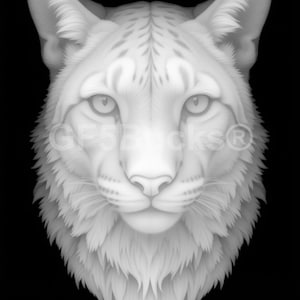 Peut inclure: Illustration en niveaux de gris d'une tête de léopard des neiges, centrée sur un fond noir. L'image met en valeur la fourrure détaillée, les traits du visage et le regard perçant de l'animal. L'œuvre est une représentation artistique détaillée du grand félin.