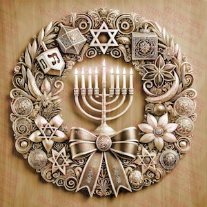 Couronne de Hanoucca illusion 3D | Art des Fêtes avec menorah et étoile de David | Décoration murale Fête des lumières juive PNG | 14 x 14