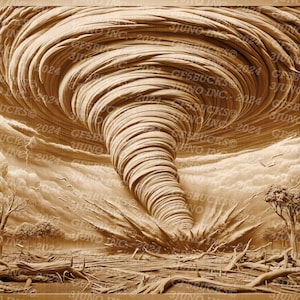 Puede incluir: Una talla de madera detallada de un tornado, con una nube en embudo giratoria y un fondo marrón texturizado. El tornado se representa como una poderosa fuerza de la naturaleza, con una sensación de movimiento y energía. La talla es una representación realista de un tornado, con intrincados detalles y una sensación de profundidad.