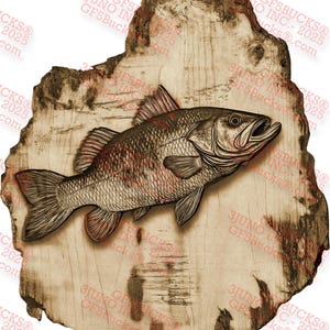 Bass on Live Edge Holz 3D Illusion Lasergravur PNG Digitale Design Datei (12.6x13.9 in) - GF5Bucks® Rustikale gravierte Kunst