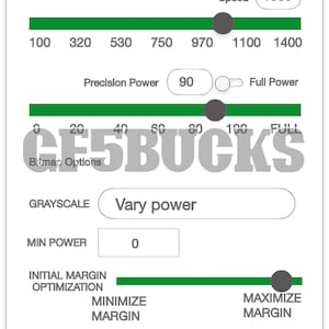 May include: A screenshot of a laser engraving software interface with settings for speed, power, grayscale, initial margin optimization, lines per inch, and focus height. The software is called "CF5BUCKS" and has a green progress bar with a slider.