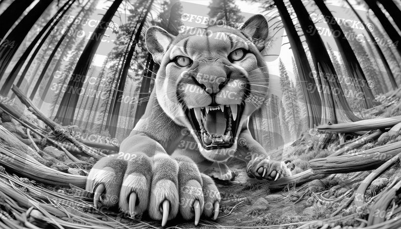 May include: A black and white photo of a mountain lion with its mouth open, showing its teeth. The lion is in a forest setting, with tall trees in the background. The lion's paw is in the foreground, with sharp claws visible.