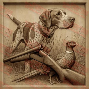 Perro de caza con ilusión 3D PNG – Diseño de grabado láser de perro de caza y faisán – Escena al aire libre – 14x14 – GF5Bucks®