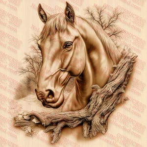 Realistische 3D-illusiekunst paardenhoofd – lasergravure, png-bestand – digitaal laserbestand, png | Gereed voor laser | Digitaal ontwerpbestand | 14 x 14"