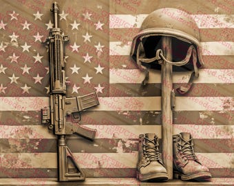 Monumento a los veteranos / Arte digital con ilusión 3D / Homenaje militar / Bandera estadounidense / Botas con casco / Grabado patriótico / PNG / 14x10.5