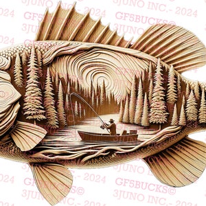 illusion 3D | Fichier numérique laser PNG | Pour la gravure | Prêt pour le laser | Téléchargement instantané | Pêche | Basse | Lunker | Lac | PBM