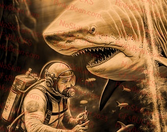 Laser Burn PNG | 3D Illusion | Engrave | Laser Ready | Digital Design File | Great White Shark | Diver