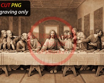 Puede incluir: Grabado láser de la Última Cena, con Jesús y sus discípulos sentados a una mesa. La imagen es en tonos sepia, con el texto "FULL CUT PNG laser engraving only" en la esquina superior izquierda.