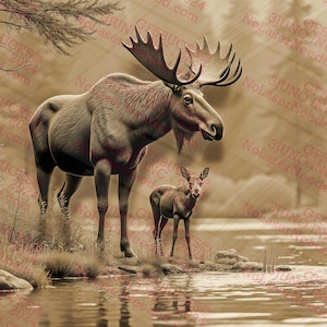 Arte de parede de família de alces de ilusão 3D – Decoração de cena da natureza para entusiastas da vida selvagem e da floresta l PNG | 14x10,5