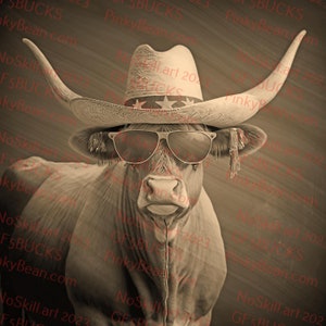 May include: A brown and white longhorn steer wearing a cowboy hat with stars and stripes and sunglasses. The steer is looking directly at the camera.
