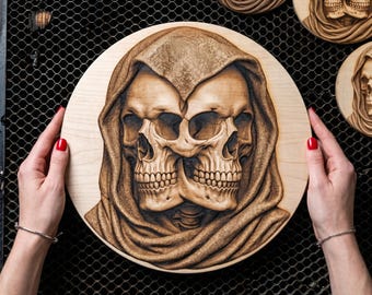 DarkGraven™ 3D Illusion Art Fused Skulls Hooded Medallion PNG - 14.0x14.0 Inches GF5Bucks®