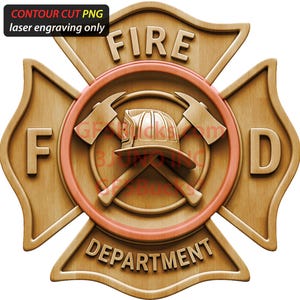 Puede incluir: Emblema de bombero de madera con las palabras "FIRE DEPARTMENT" y las letras "F" y "D". El emblema presenta un casco de bombero y hachas cruzadas en el centro. El texto "CONTOUR CUT PNG laser engraving only" está en la esquina superior izquierda.