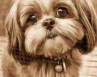 May include: A sepia-toned portrait of a small, fluffy dog with large, dark eyes. The dog is wearing a pearl necklace and has a soft, furry coat.