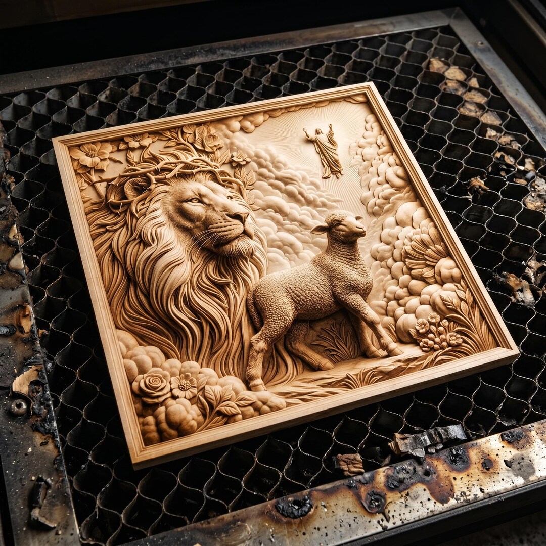3D Illusion Laser Engraving PNG Art for Sacred Lion Lamb II Relief