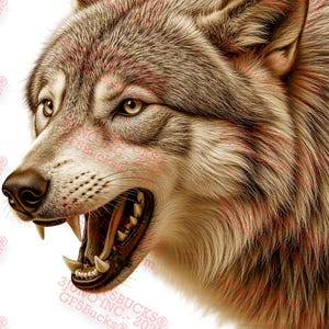 May include: A detailed illustration of a wolf's head, showcasing its open mouth with visible teeth and a snarling expression. The wolf's fur is a mix of gray and brown, with intense yellow eyes. The image has a realistic style.